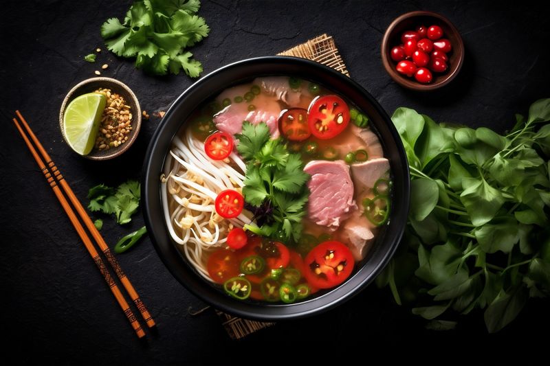 bowl japanese hot asian meal noodle healthy food soup background vegetable. Generative AI.