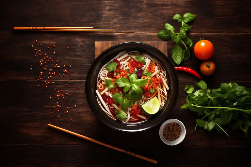 meal soup background broth vegetable noodle hot bowl japanese asian food. Generative AI.