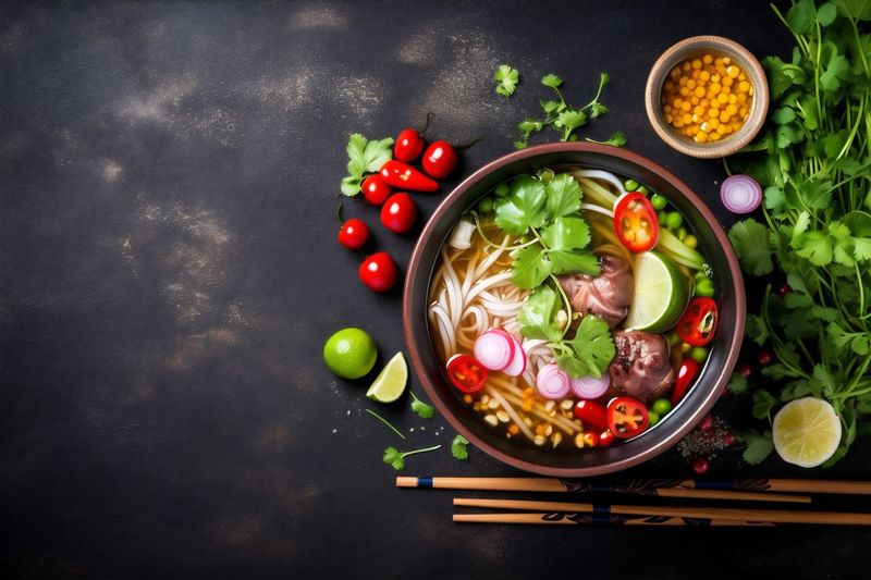 noodle background hot bowl food asia vegetable meal soup asian japanese. Generative AI.