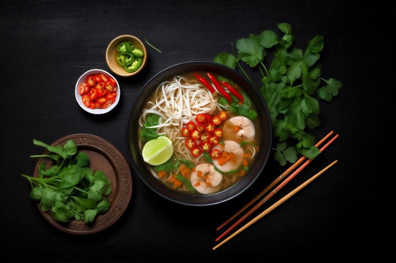 bowl onion japanese soup vegetable meal food background asian hot noodle. Generative AI.