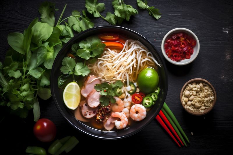 soup meal vegetable asian noodle broth hot food japanese background bowl. Generative AI.