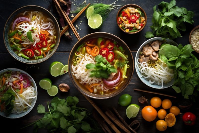 food asian japanese soup noodle background dish vegetable hot bowl meal. Generative AI.