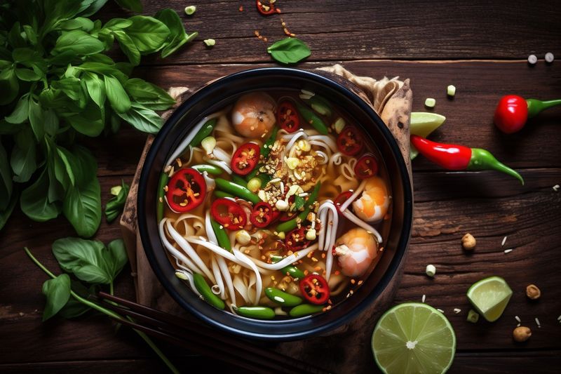 vegetable japanese meal food asia soup asian noodle background hot bowl. Generative AI.