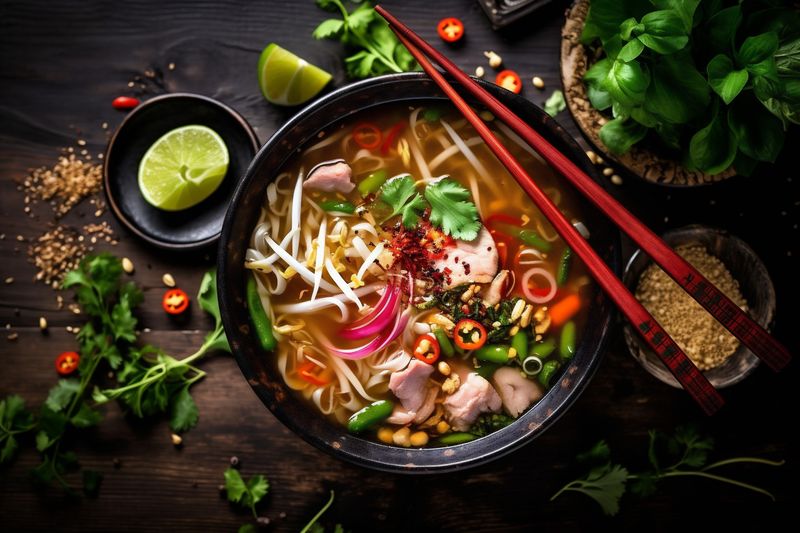 hot soup ramen food japanese vegetable meal bowl background noodle asian. Generative AI.