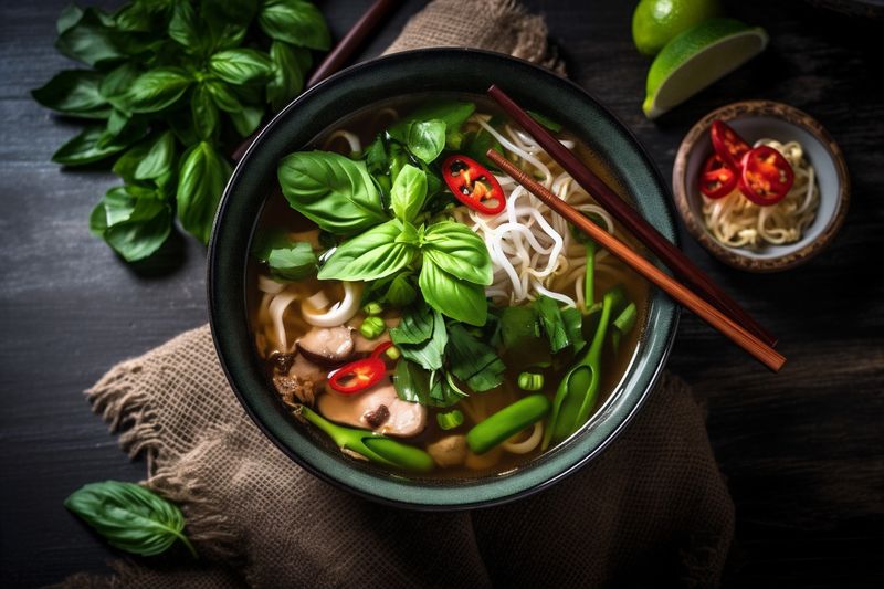 meal background vegetable dark soup bowl hot asian japanese noodle food. Generative AI.