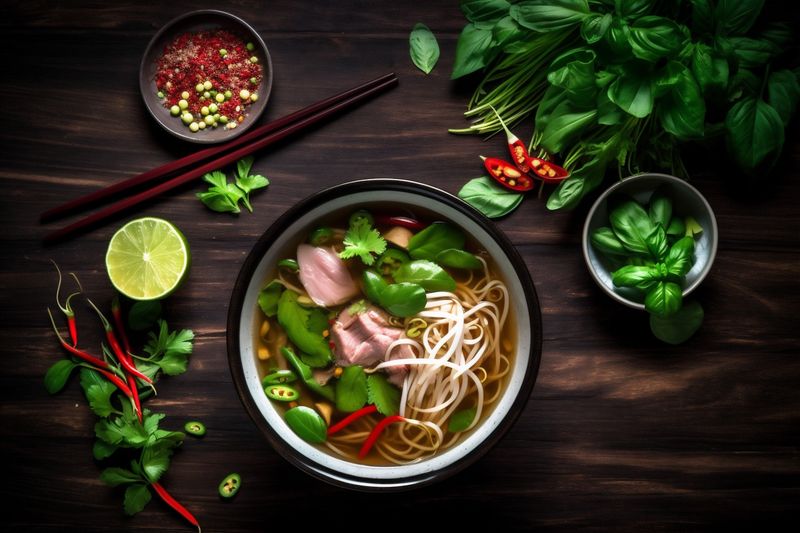 asian meal vegetable food noodle hot soup japanese bowl dark background. Generative AI.
