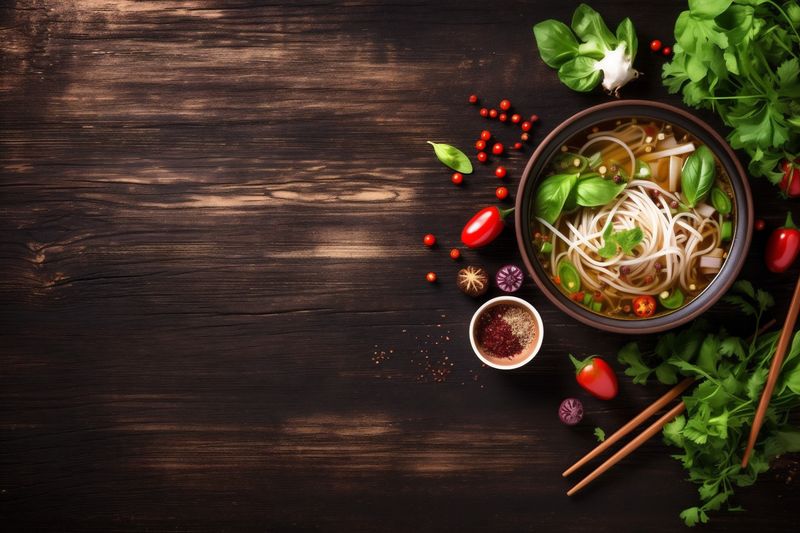 healthy japanese asian bowl noodle background vegetable meal food soup hot. Generative AI.
