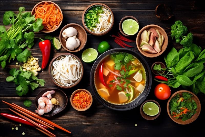 hot noodle meal chinese food background japanese soup vegetable asian bowl. Generative AI.