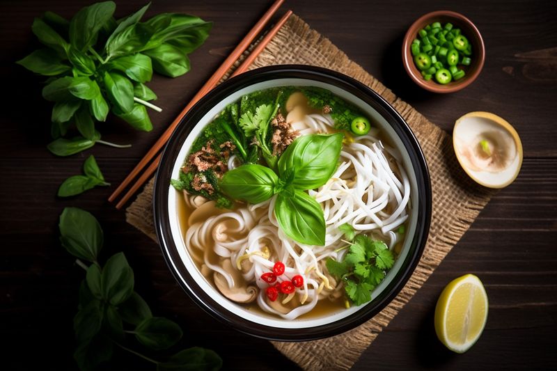hot asian background meal soup vegetable miso noodle japanese bowl food. Generative AI.