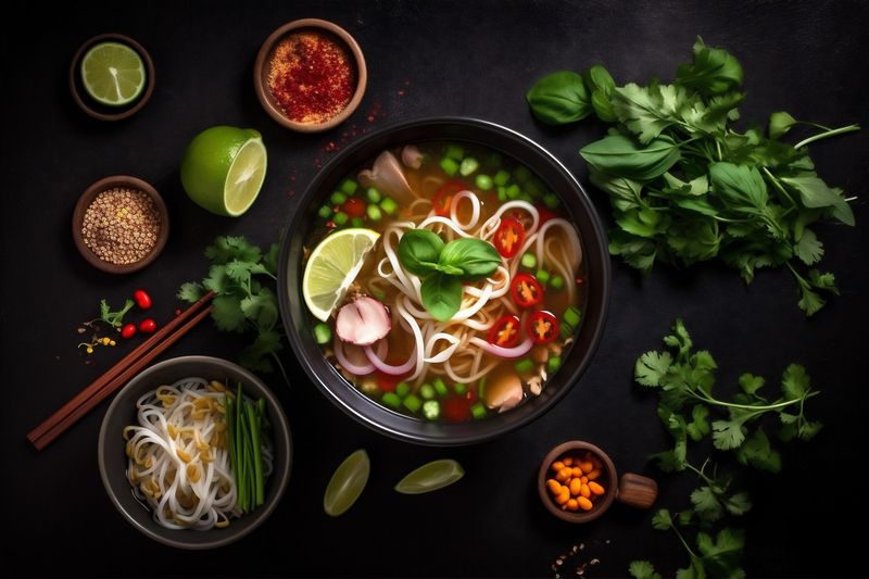 bowl asian noodle food meal background hot japanese vegetable soup chinese. Generative AI.