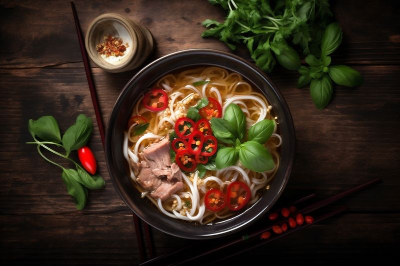 food japanese hot meal black background soup vegetable noodle asian bowl. Generative AI.