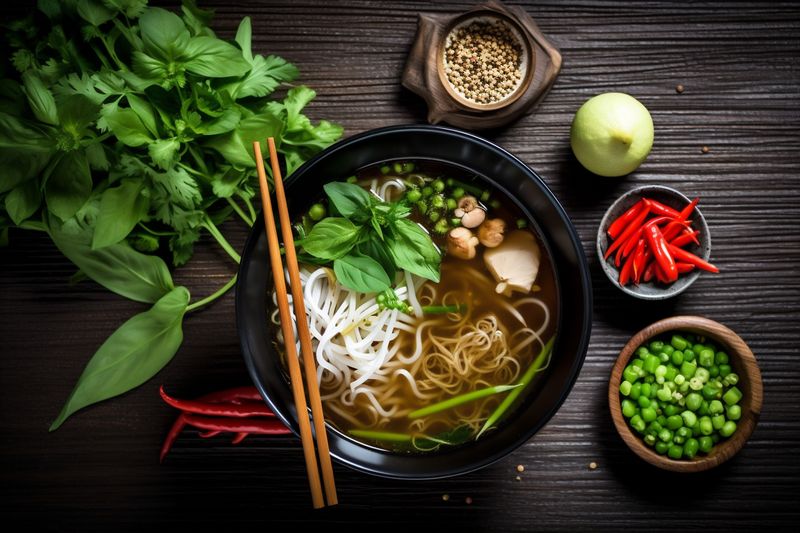 vegetable japanese food background bowl asian soup hot meal space noodle. Generative AI.