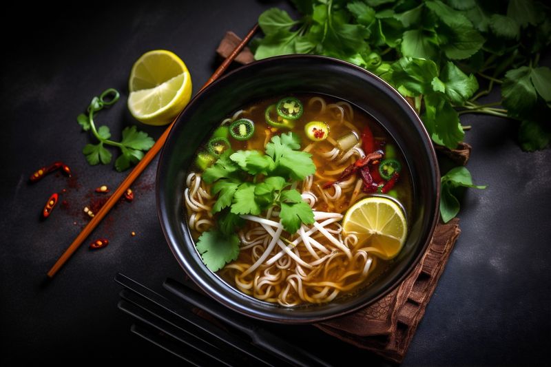 bowl food background noodle meal japanese vegetable egg soup asian hot. Generative AI.