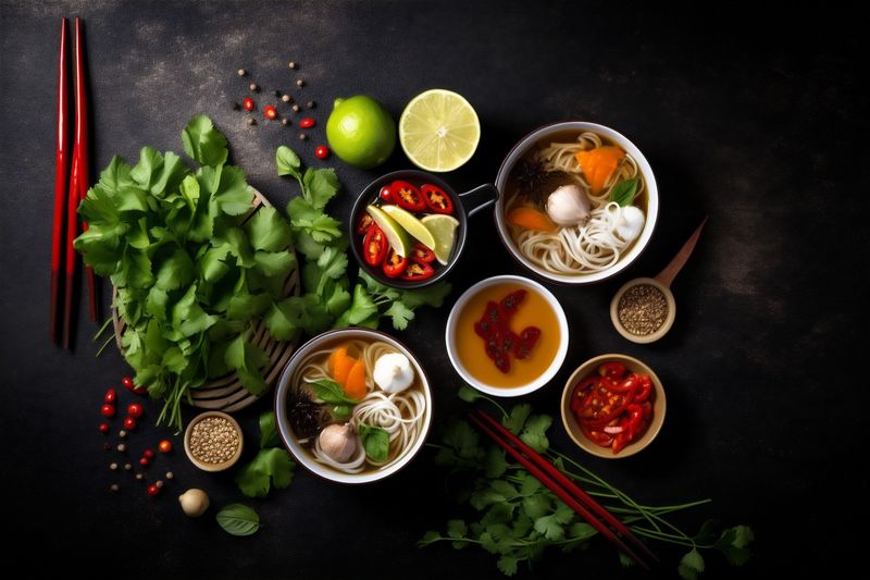 soup vegetable noodle bowl meal background white japanese asian food hot. Generative AI.