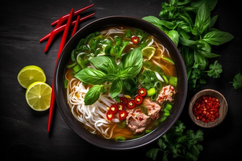 vegetable meal choi soup asian pak hot food japanese background bowl noodle. Generative AI.