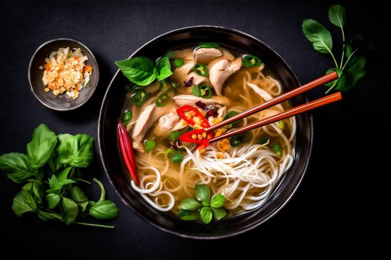 vegetable bowl japanese cuisine meal asian soup hot noodle food background. Generative AI.