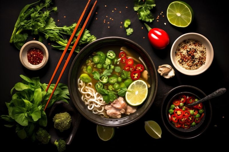 noodle vegetable hot food background asian bowl meal healthy soup japanese. Generative AI.