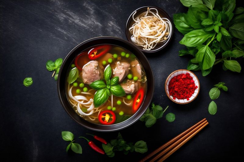 bowl food japanese soup background hot noodle meal vegetable asian lunch. Generative AI.