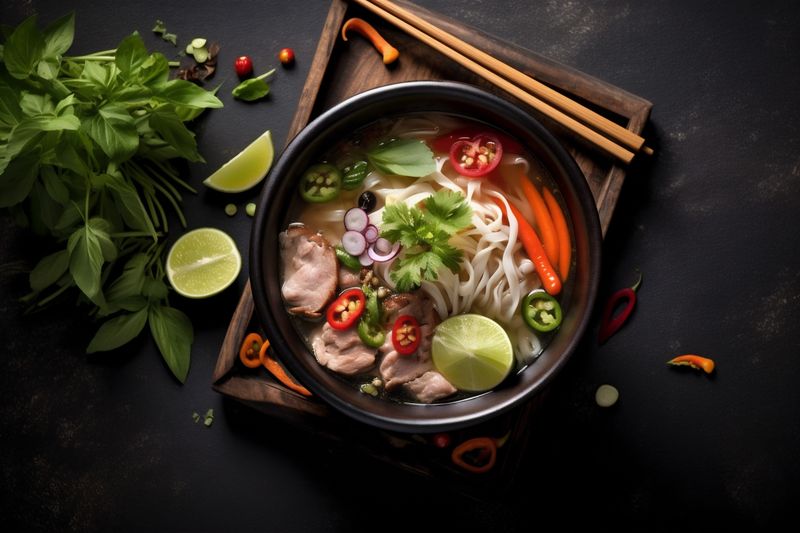 meal soup eating noodle food japanese hot vegetable background asian bowl. Generative AI.