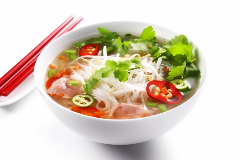 background white asian bowl broth dish noodle food pepper soup traditional. Generative AI.