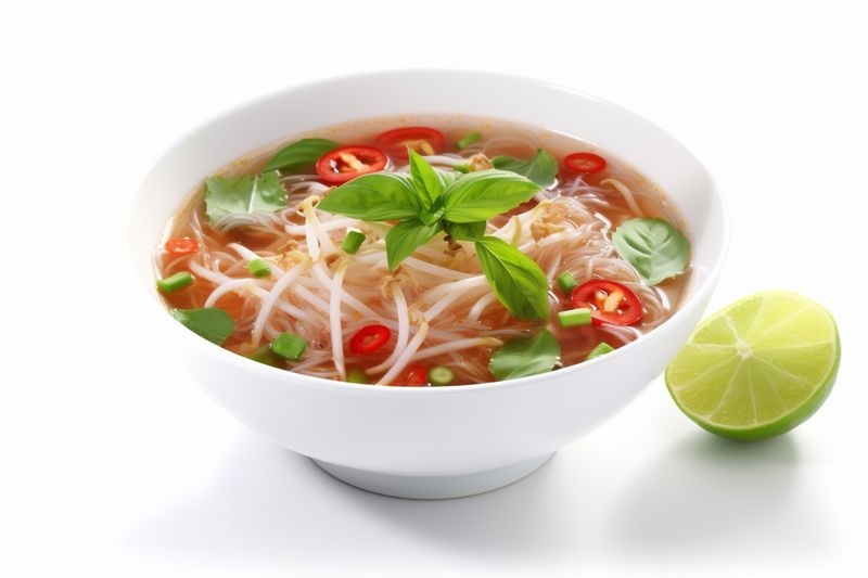 asian food lunch background traditional bowl noodle broth dish white soup. Generative AI.