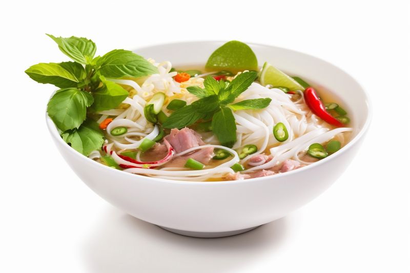 white cooking soup asian bowl broth food noodle traditional background dish. Generative AI.