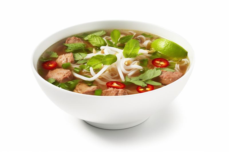 asian food dish soup broth bowl white traditional background spicy noodle. Generative AI.