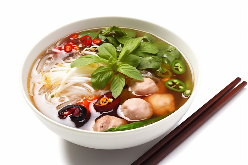 soup bowl food traditional noodle dish meal background white broth asian. Generative AI.