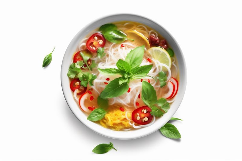 dish meal noodle traditional bowl asian broth food background soup white. Generative AI.