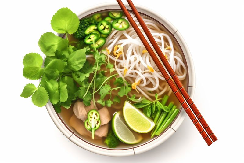 bowl food broth noodle asian dish soup traditional top background white. Generative AI.