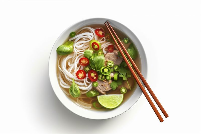 traditional noodle soup asian beef dish broth bowl white background food. Generative AI.