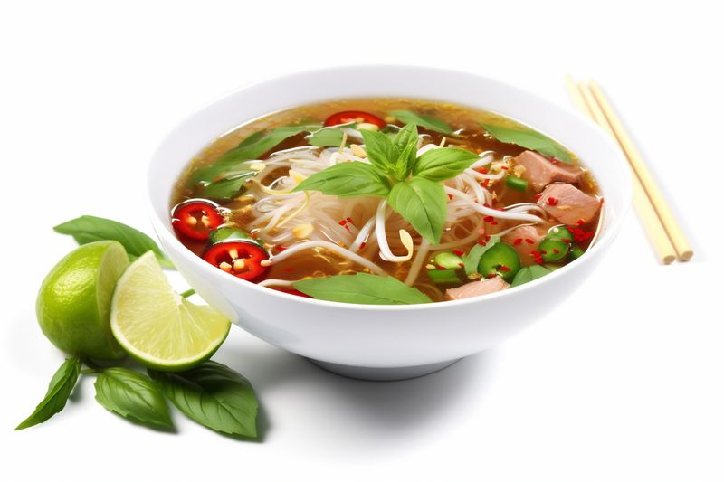 white traditional bowl food broth rare noodle asian background soup dish. Generative AI.