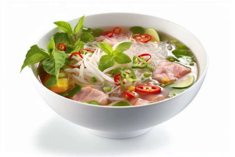 noodle broth asian background white top food bowl dish soup traditional. Generative AI.