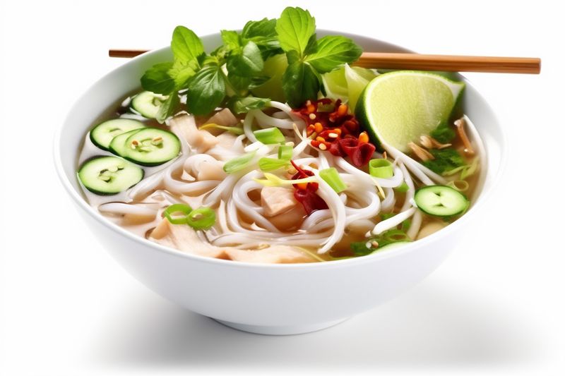 dish bowl traditional pepper asian noodle broth soup background food white. Generative AI.