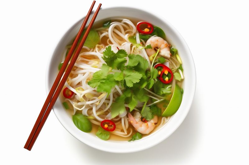 asian food vegetable traditional soup broth noodle bowl background white dish. Generative AI.