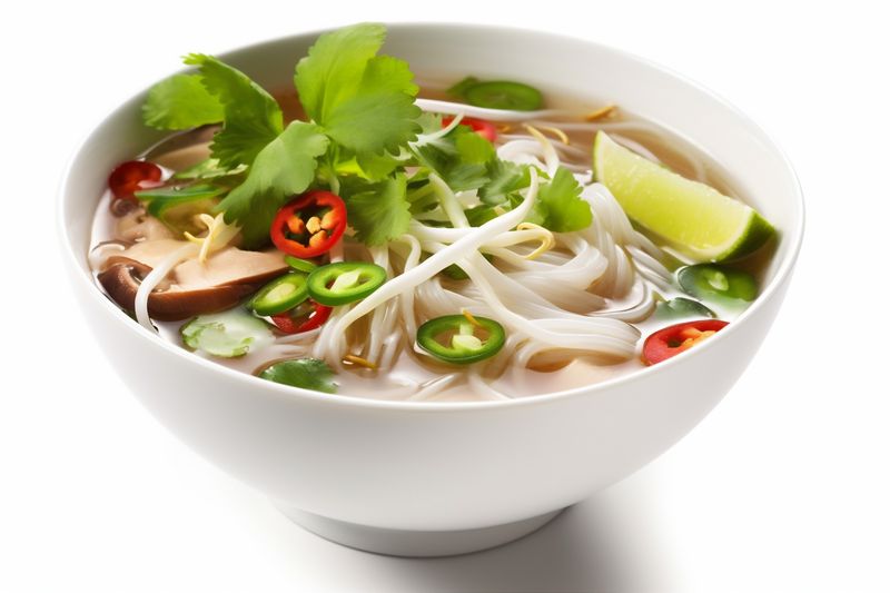 noodle white background bowl asian dish traditional vietnamese soup food broth. Generative AI.