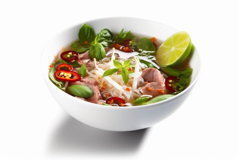 space copy traditional background food noodle bowl broth dish soup white asian. Generative AI.