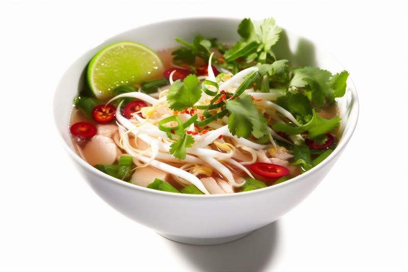 meal white traditional noodle asian dish broth bowl food soup background. Generative AI.