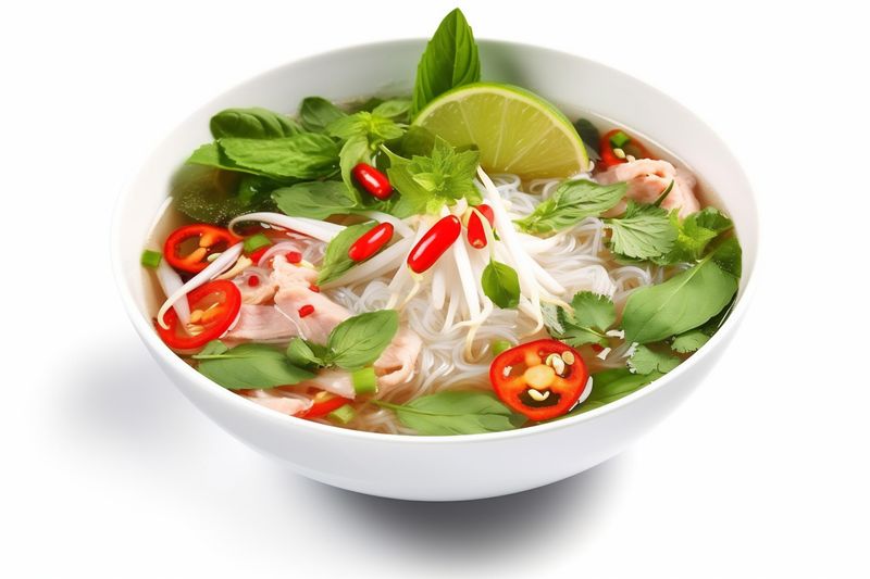 bowl meat asian soup broth background noodle traditional white dish food. Generative AI.