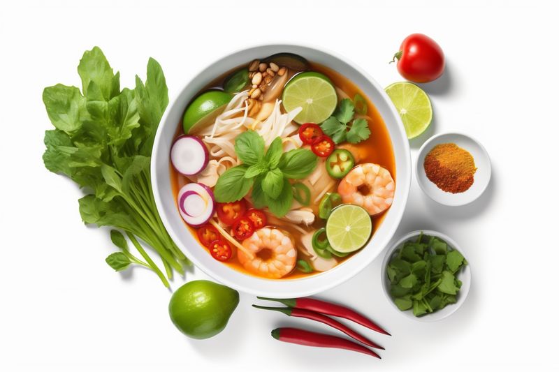 food bowl asian cookery traditional white background noodle dish broth soup. Generative AI.