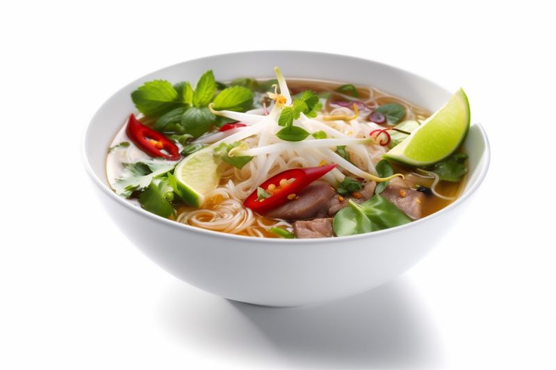 broth background food plate traditional noodle asian white soup bowl dish. Generative AI.