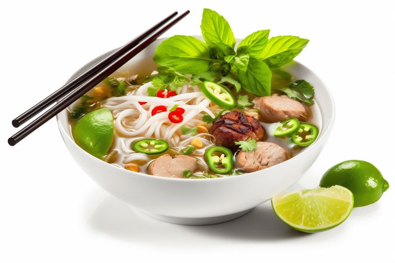 broth noodle traditional bowl spicy white asian dish food soup background. Generative AI.