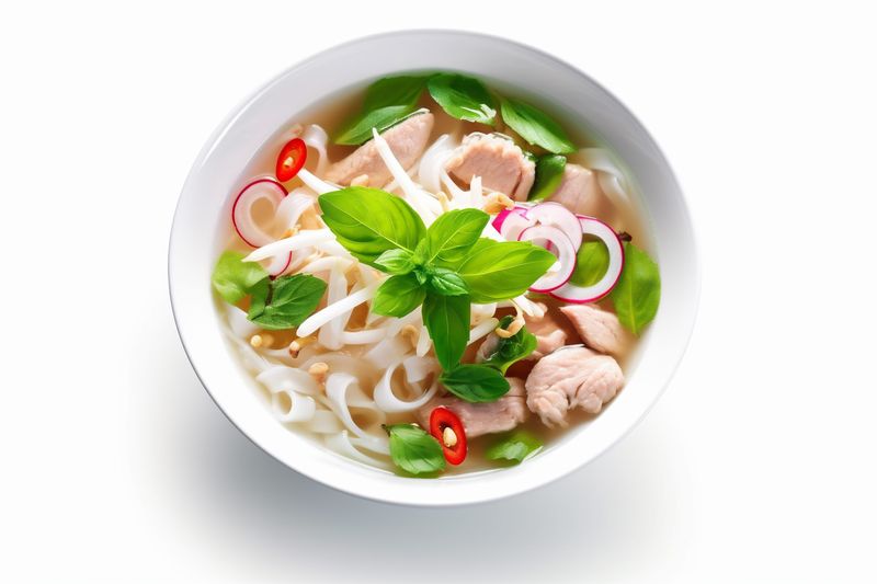 food asian chili broth bowl traditional soup noodle dish white background. Generative AI.