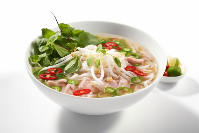 dish pho soup asian broth food background white bowl traditional bo noodle. Generative AI.