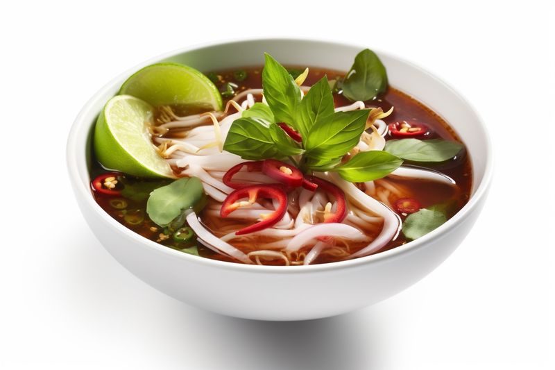 food cuisine asian soup white noodle traditional broth bowl background dish. Generative AI.