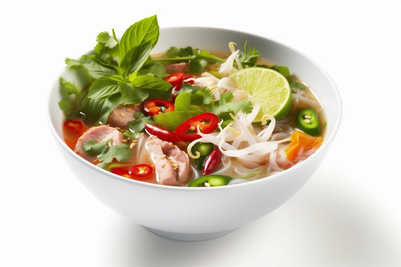 soup bowl background broth white food asian dish top traditional noodle. Generative AI.