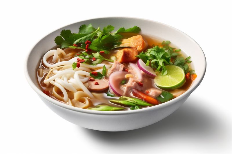 bowl noodle food asian soup dish broth top background white traditional. Generative AI.