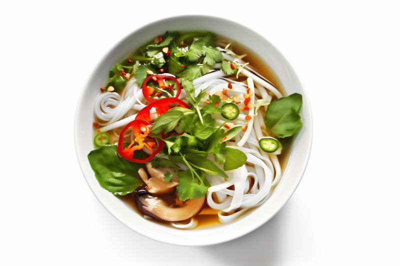 noodle background food bowl asian traditional white broth dish cooking soup. Generative AI.
