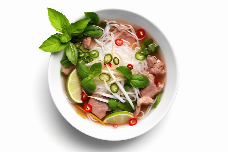 soup traditional broth food pho white bowl asian dish noodle background. Generative AI.