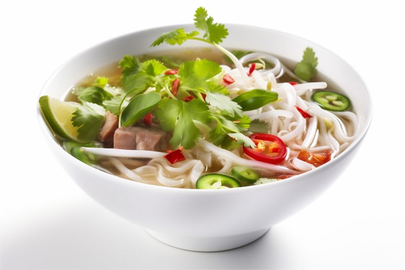 white dish broth bowl background cookery traditional asian soup noodle food. Generative AI.